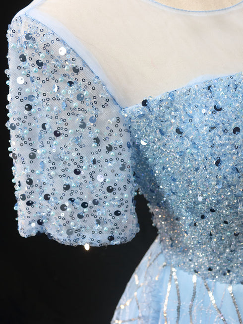 Light Blue Short Tulle Wedding Dress - Pretty Sequin Dress - Embellished Dress with Sleeves Plus Size